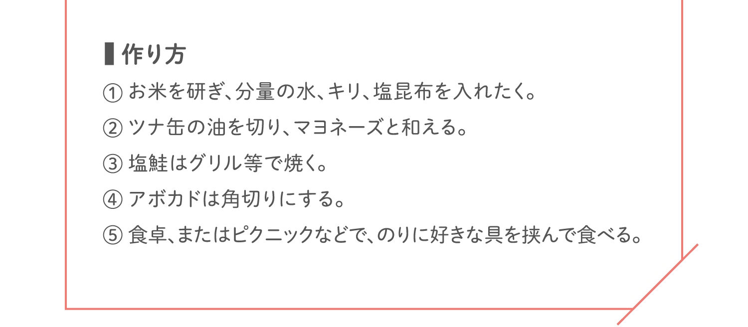 「作り方」① お⽶を研ぎ、分量の⽔、キリ、塩昆布を⼊れたく。／② ツナ缶の油を切り、マヨネーズと和える。／③ 塩鮭はグリル等で焼く。／④ アボカドは角切りにする。／⑤ ⻝卓、またはピクニックなどで、のりに好きな具を挟んで⻝べる。